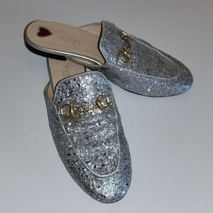 GUCCI Princetown Silver Glitter Mules 38.5